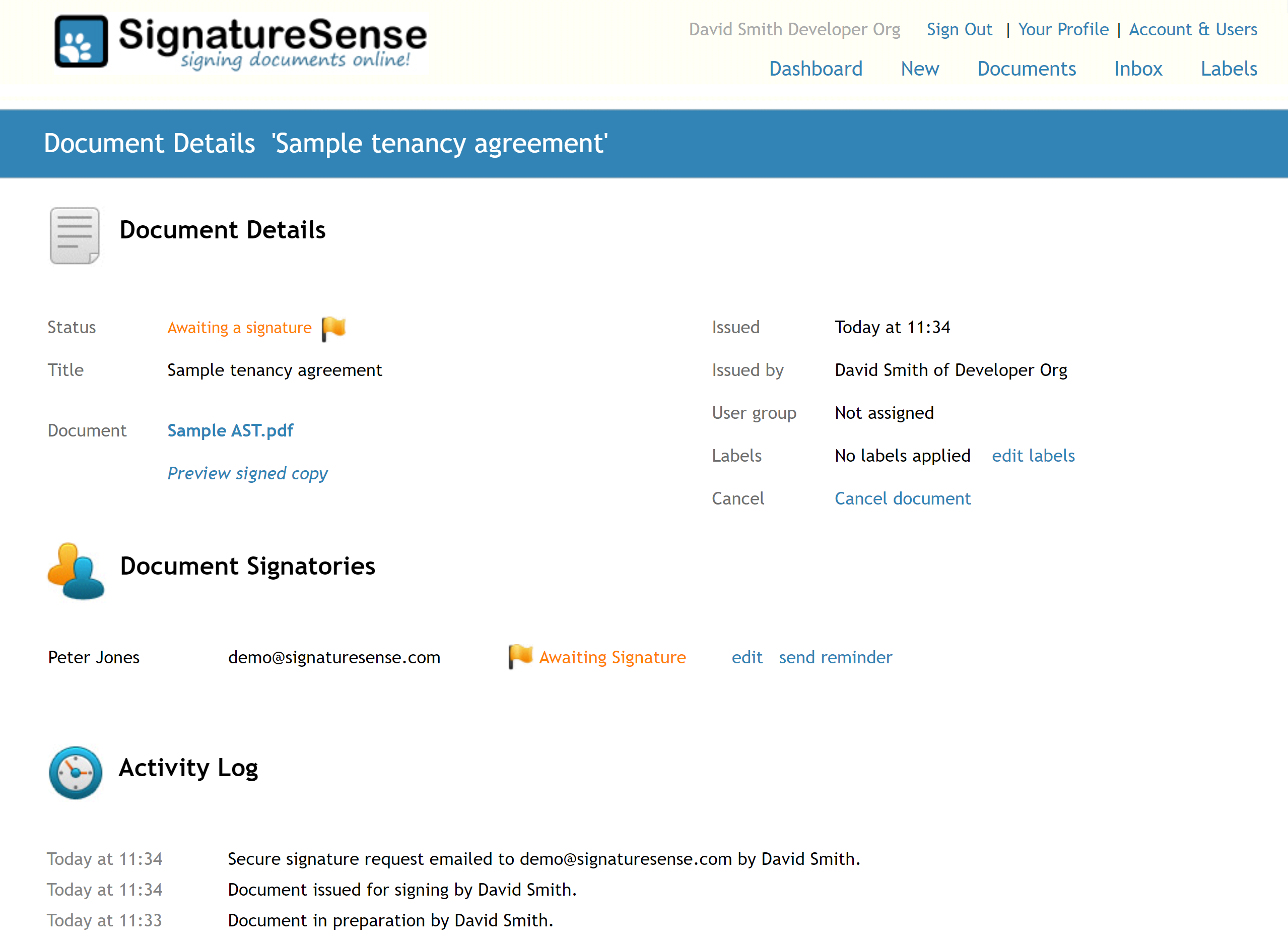 Screenshot of the SignatureSense service panel